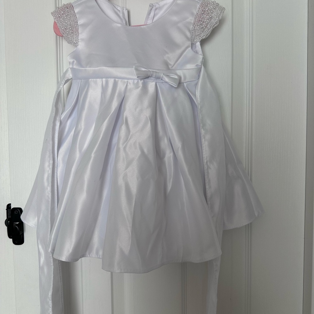White Satin Girls' Party Dress with Beaded Cap Sleeves